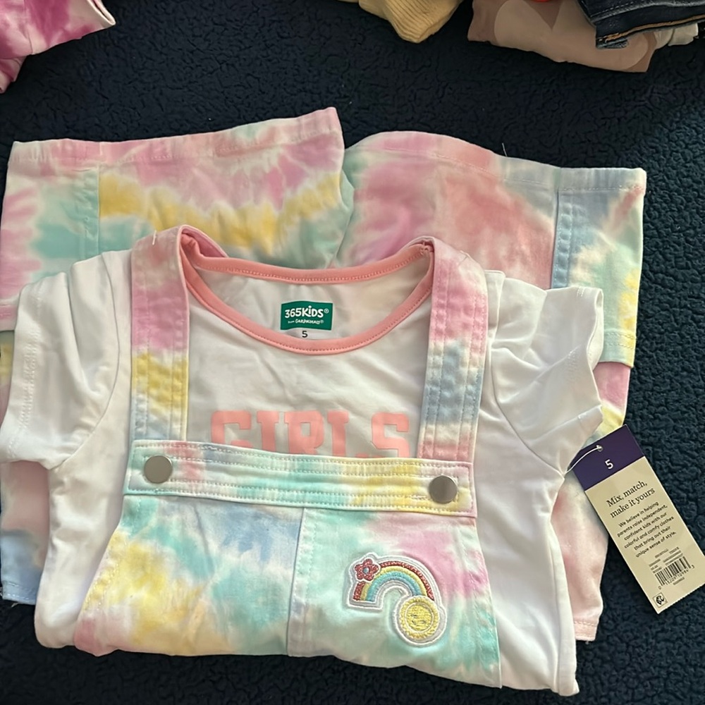 girls tie dye shortalls 365kids Garanimals size 5 NWT and size 8 tshirt bundle